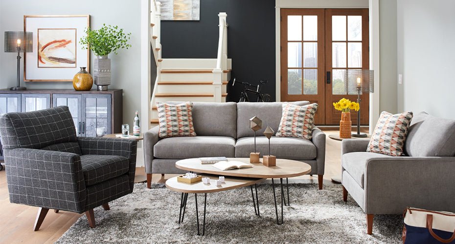 Dark Grey Sofa Matches with Brown Walnut Coffee Table & Chairs