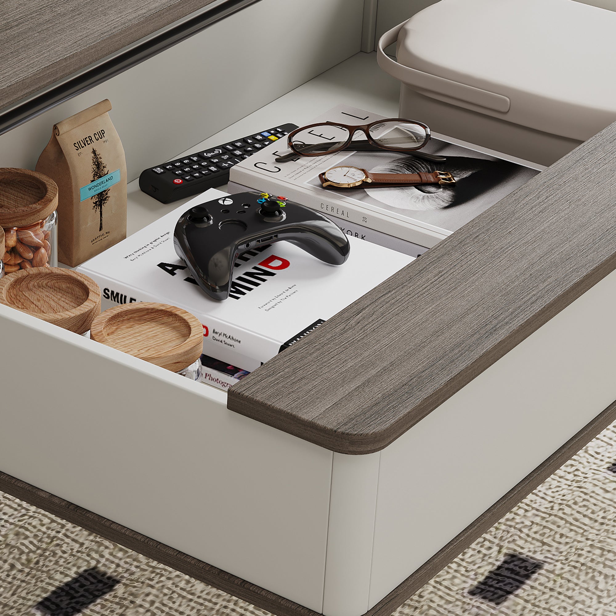 white and gray coffee table storage space - aspvo home